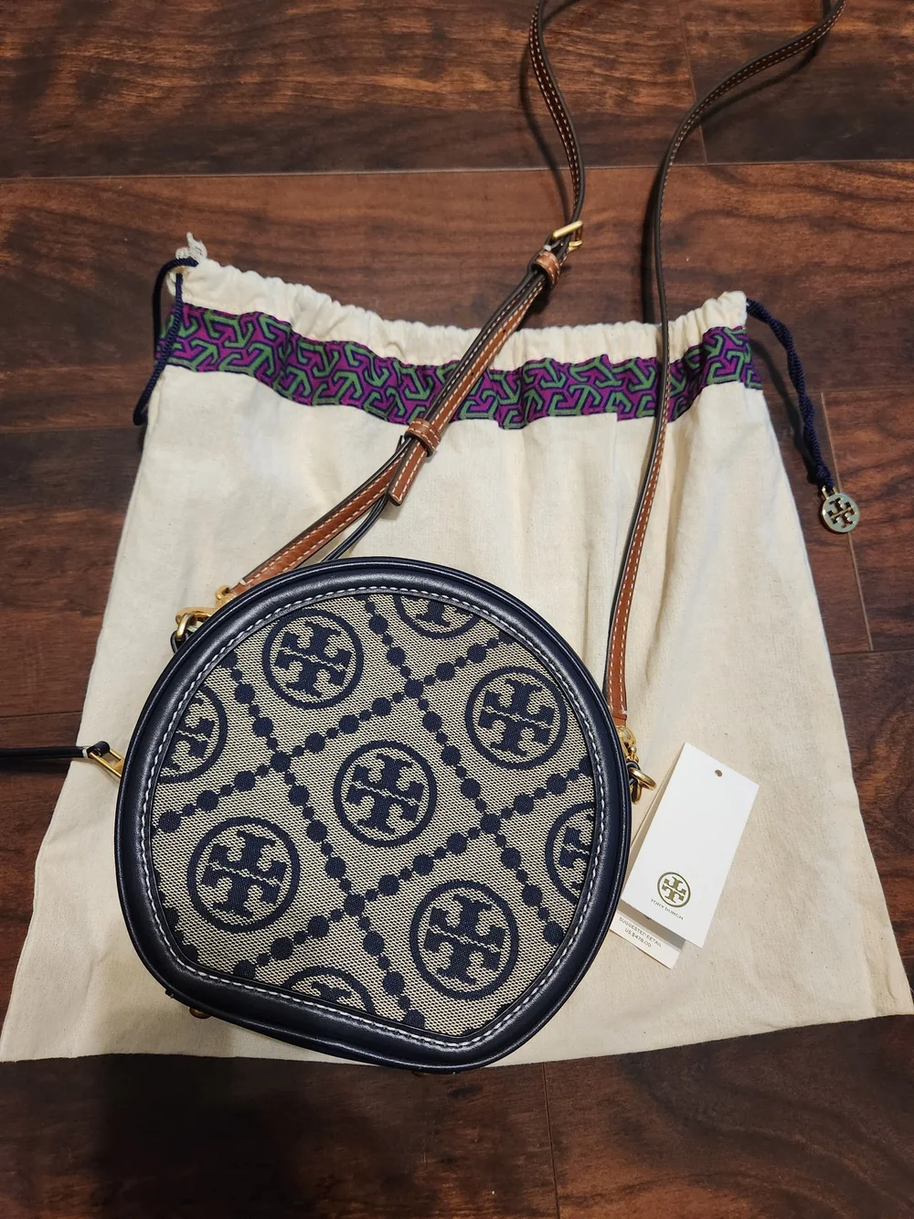 Tory Burch Navy Logo Canvas Round Crossbody